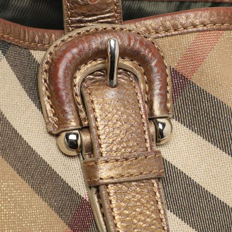 Pre Owned Burberry Metallic Shimmer Nova Check Canvas and Leather Byron Tote