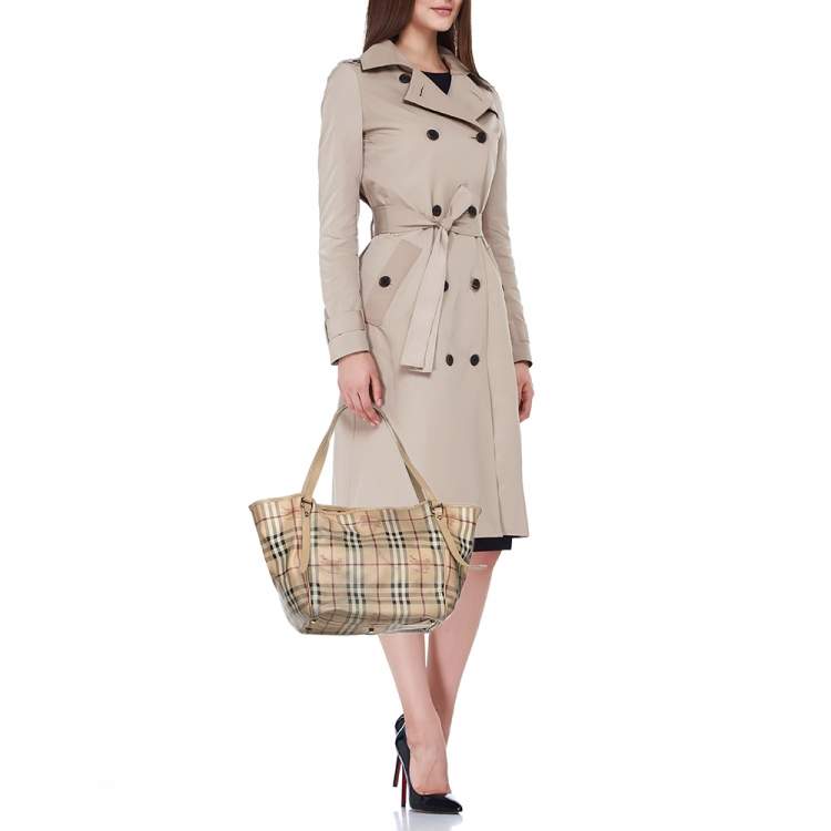 Pre Owned Burberry Beige Haymarket Coated Canvas and Leather Canterbury Tote