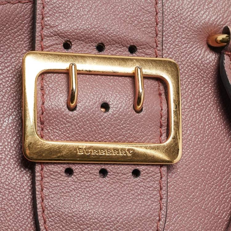 Pre Owned Burberry Burgundy Grained Leather Small Buckle Tote