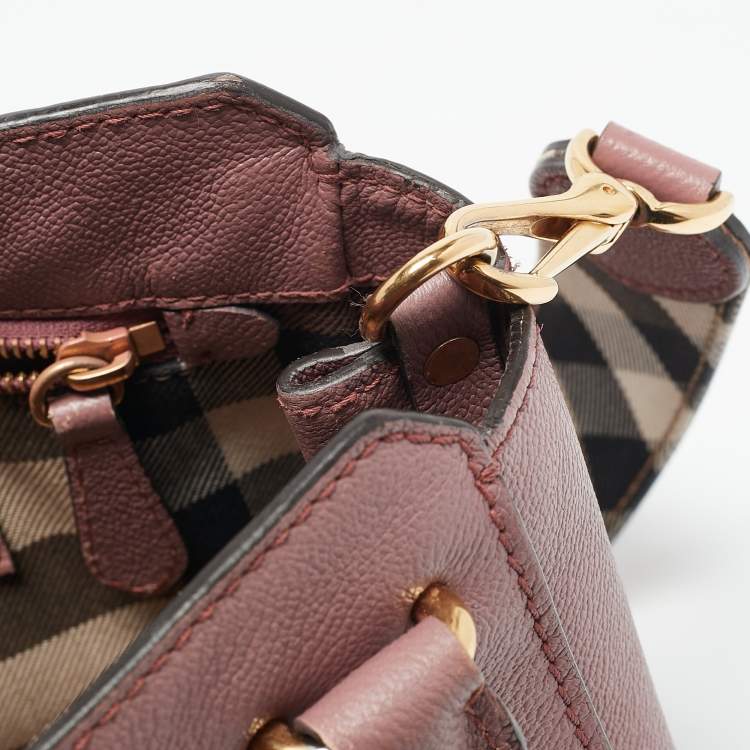 Pre Owned Burberry Burgundy Grained Leather Small Buckle Tote