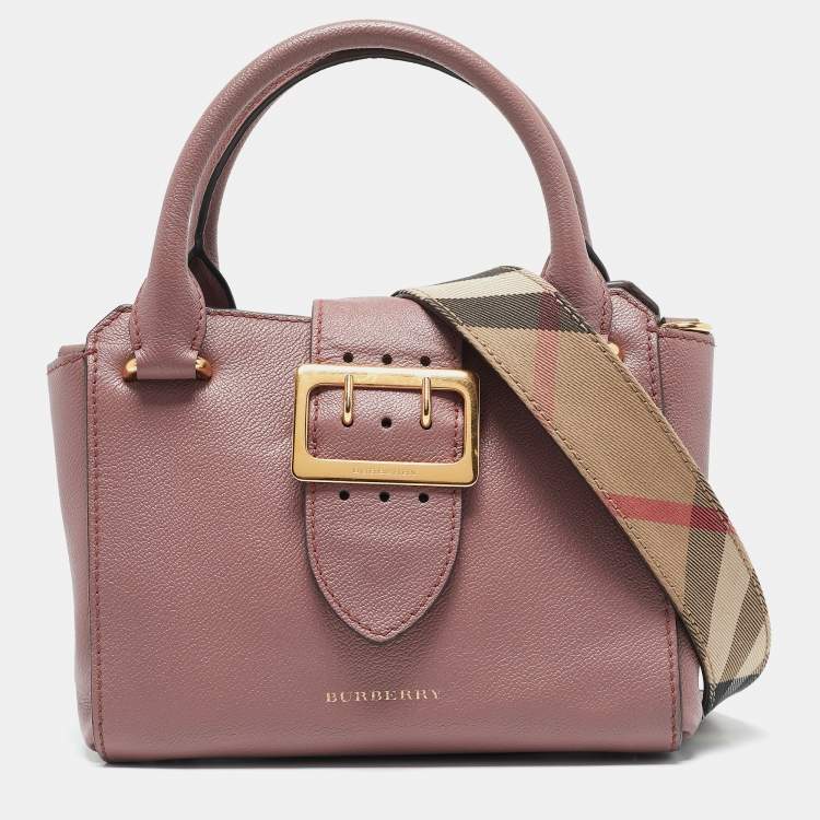 Pre Owned Burberry Burgundy Grained Leather Small Buckle Tote