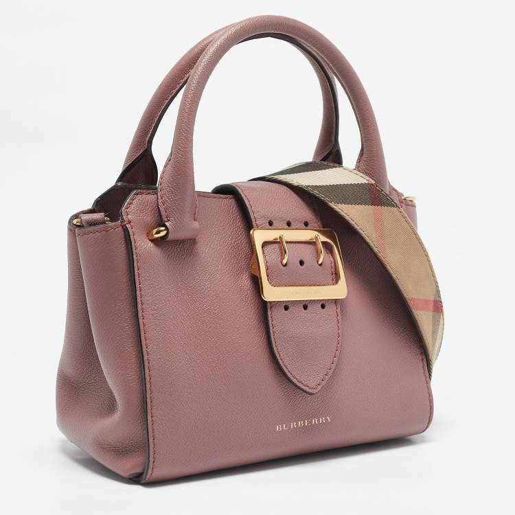 Pre Owned Burberry Burgundy Grained Leather Small Buckle Tote