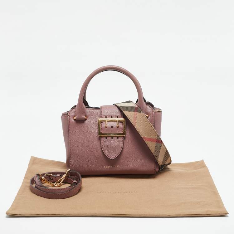 Pre Owned Burberry Burgundy Grained Leather Small Buckle Tote