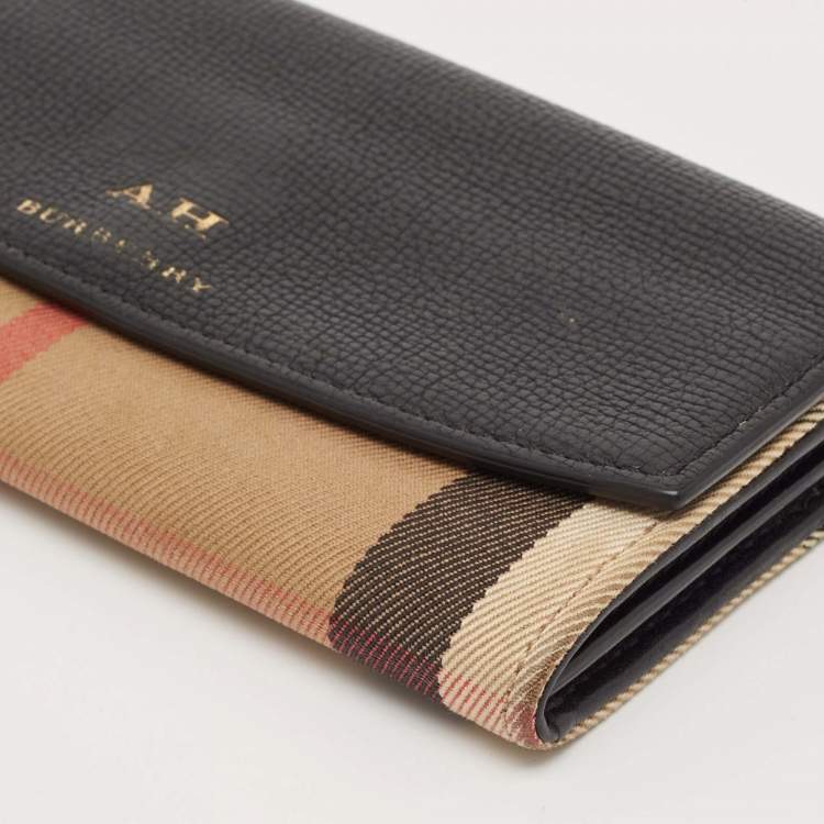 Pre Owned Burberry Beige/Black House Check Canvas and Leather Flap Continental Wallet