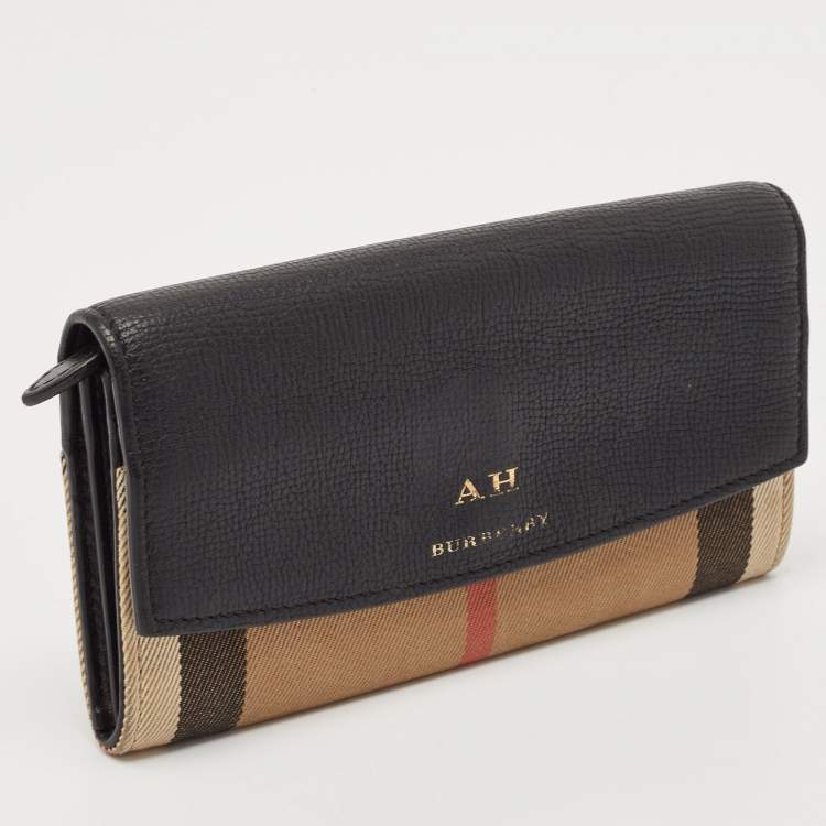 Pre Owned Burberry Beige/Black House Check Canvas and Leather Flap Continental Wallet