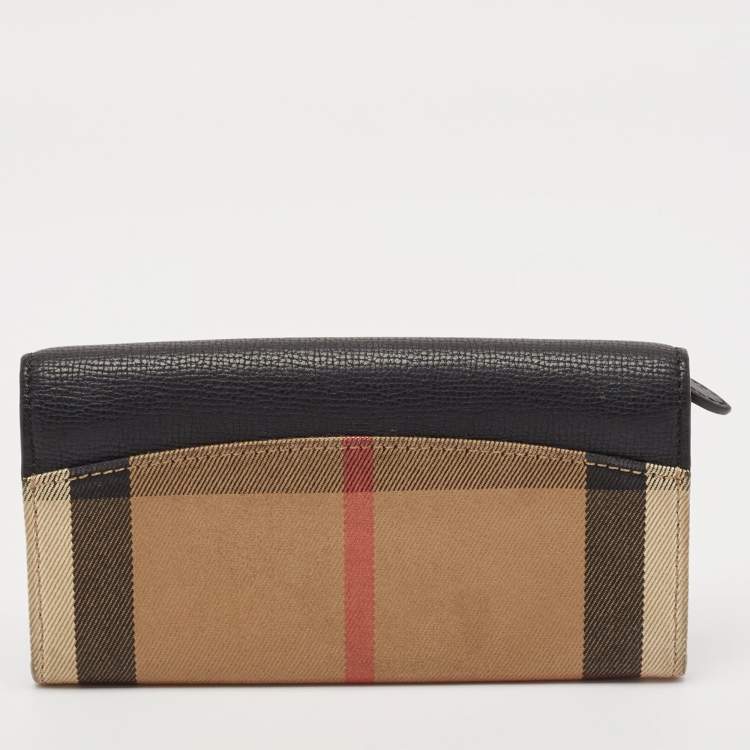 Pre Owned Burberry Beige/Black House Check Canvas and Leather Flap Continental Wallet