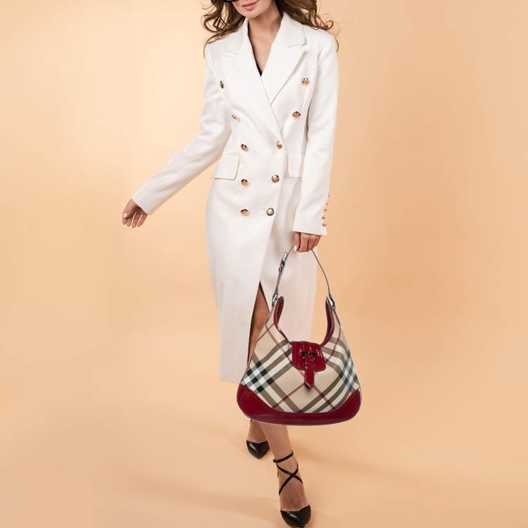 Pre Owned Burberry Beige/Burgundy Nova Check PVC and Patent Leather Brooke Hobo