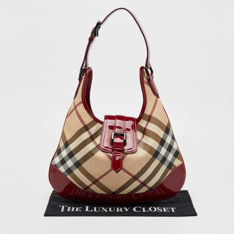 Pre Owned Burberry Beige/Burgundy Nova Check PVC and Patent Leather Brooke Hobo