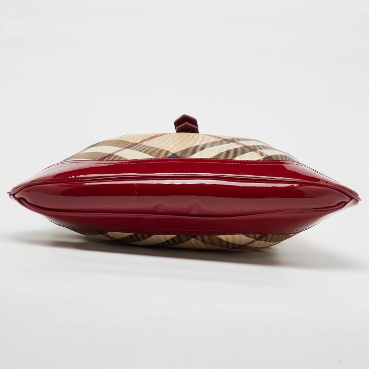 Pre Owned Burberry Beige/Burgundy Nova Check PVC and Patent Leather Brooke Hobo