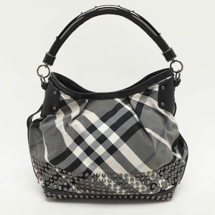 Pre Owned Burberry Grey/Black  Beat Check Nylon and Patent Leather Studded Hobo
