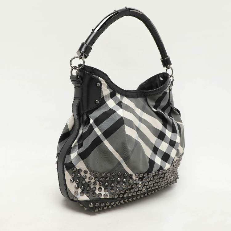 Pre Owned Burberry Grey/Black  Beat Check Nylon and Patent Leather Studded Hobo