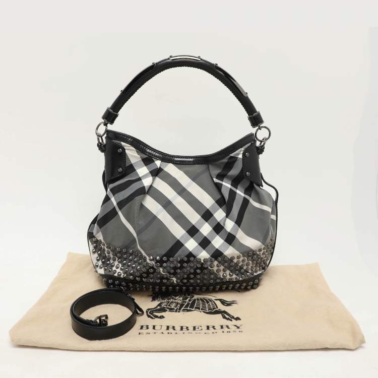 Pre Owned Burberry Grey/Black  Beat Check Nylon and Patent Leather Studded Hobo