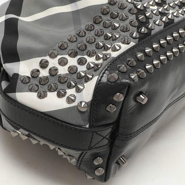Pre Owned Burberry Grey/Black  Beat Check Nylon and Patent Leather Studded Hobo