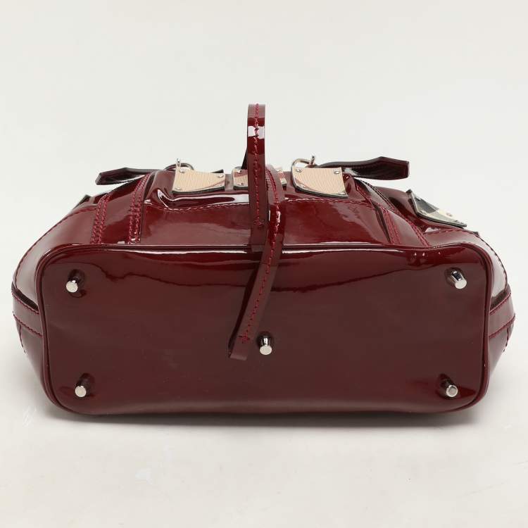 Pre Owned Burberry Red Nova Check Canvas and Patent Leather Small Warrior Armor Hobo