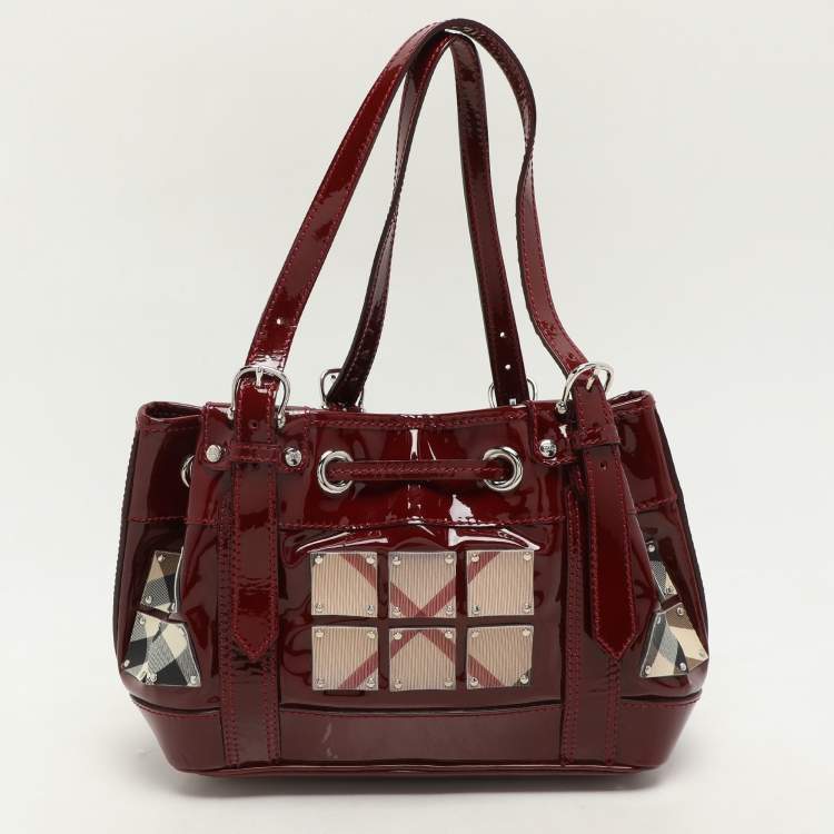 Pre Owned Burberry Red Nova Check Canvas and Patent Leather Small Warrior Armor Hobo