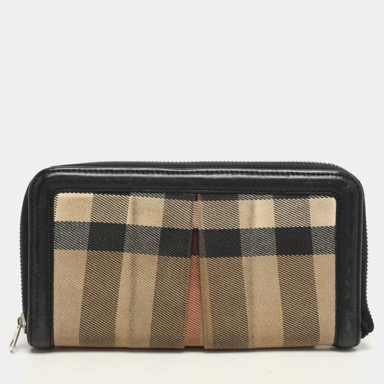 Pre Owned Burberry Beige/Black House Check Canvas and Leather Continental Wallet