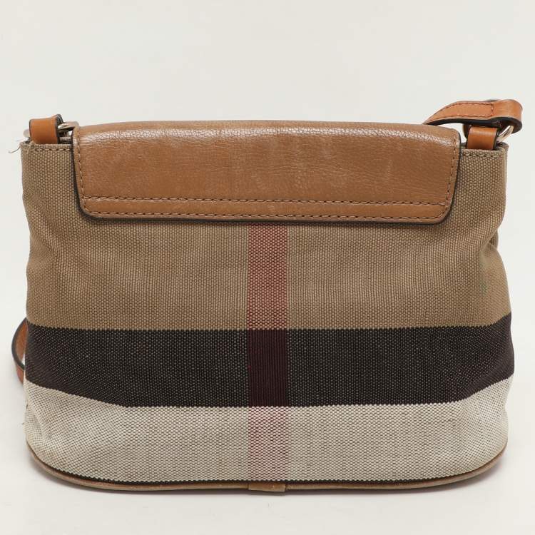 Pre Owned Burberry Beige Mega Check Canvas and Leather Small Gowan Messenger Saddle Bag