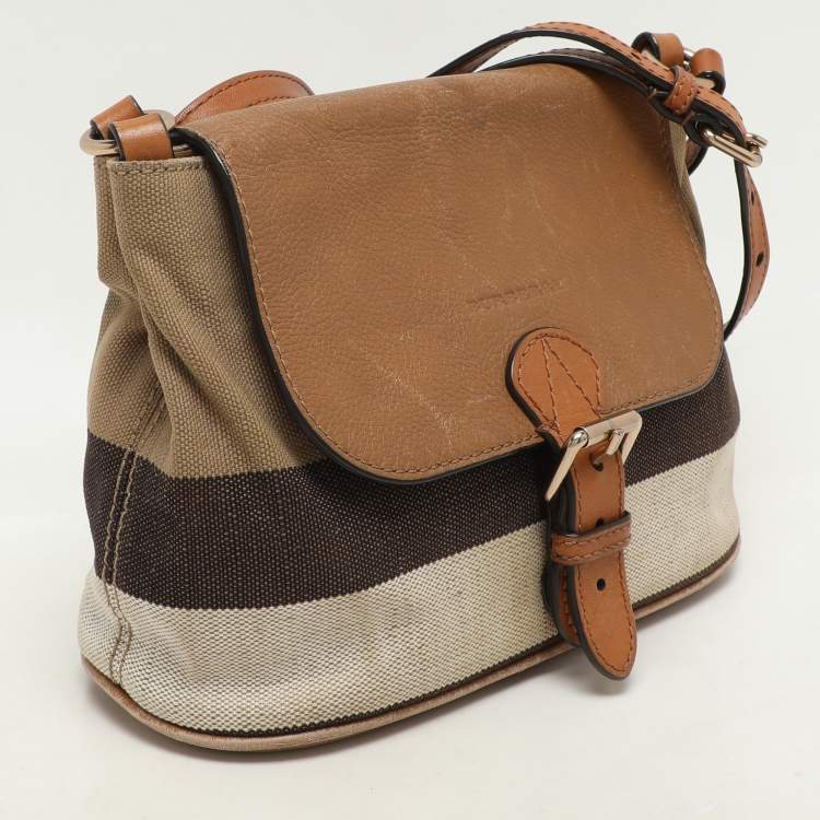 Pre Owned Burberry Beige Mega Check Canvas and Leather Small Gowan Messenger Saddle Bag