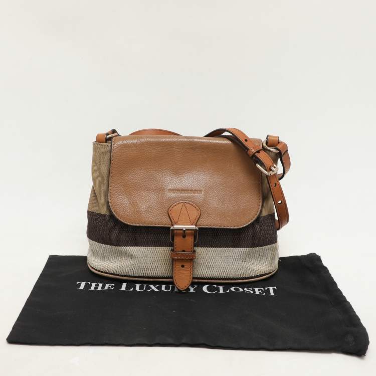 Pre Owned Burberry Beige Mega Check Canvas and Leather Small Gowan Messenger Saddle Bag