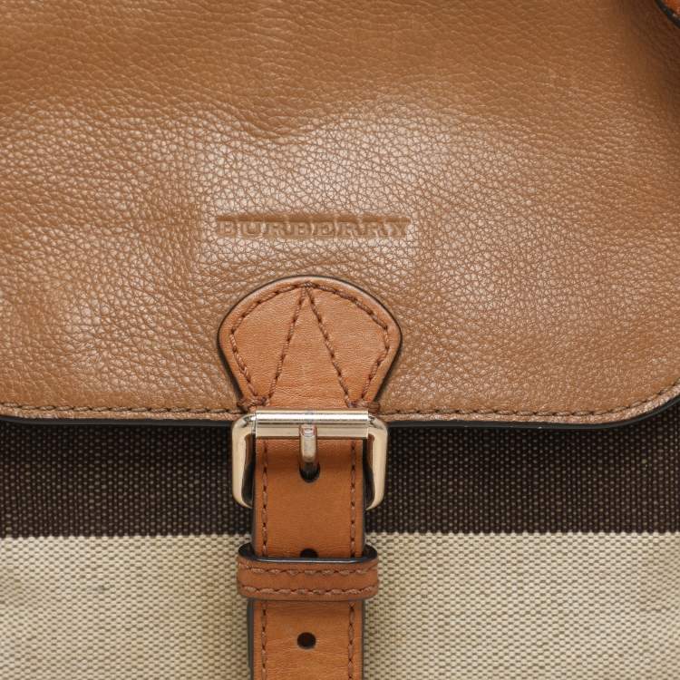 Pre Owned Burberry Beige Mega Check Canvas and Leather Small Gowan Messenger Saddle Bag