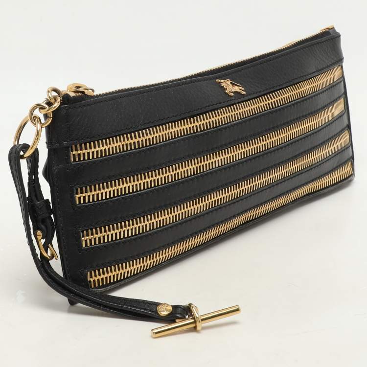 Pre Owned Burberry Black Leather Zip Detail Wristlet Clutch