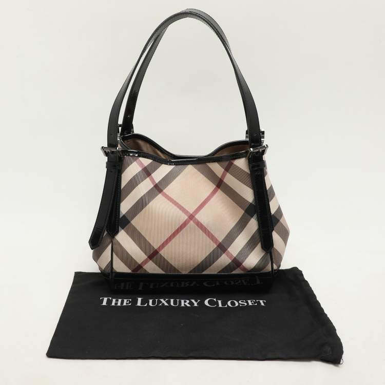 Pre Owned Burberry Black/Beige Super Nova Check PVC and Patent Leather Canterbury Tote