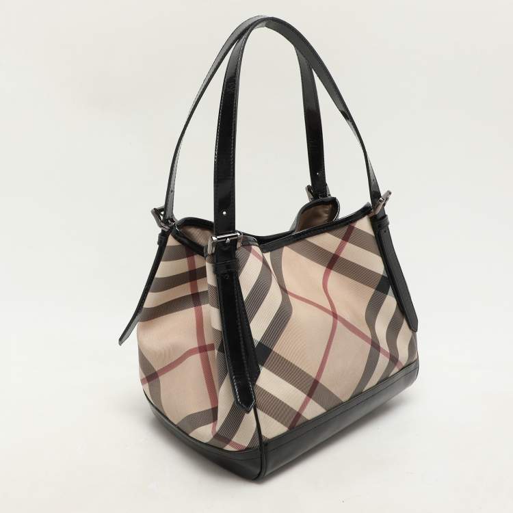 Pre Owned Burberry Black/Beige Super Nova Check PVC and Patent Leather Canterbury Tote