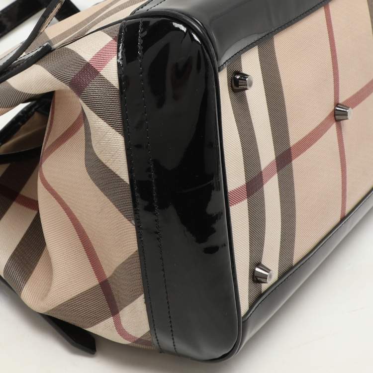 Pre Owned Burberry Black/Beige Super Nova Check PVC and Patent Leather Canterbury Tote