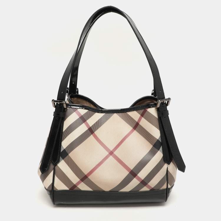 Pre Owned Burberry Black/Beige Super Nova Check PVC and Patent Leather Canterbury Tote