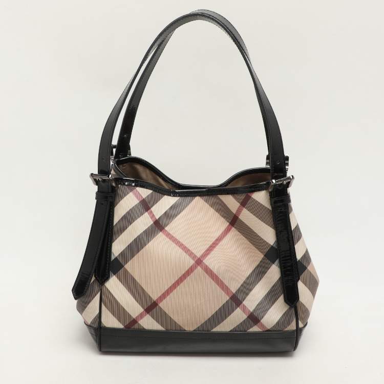 Pre Owned Burberry Black/Beige Super Nova Check PVC and Patent Leather Canterbury Tote