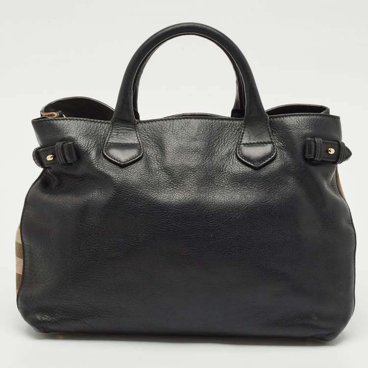 Pre Owned Burberry Black Leather and House Check Fabric Medium Banner Tote