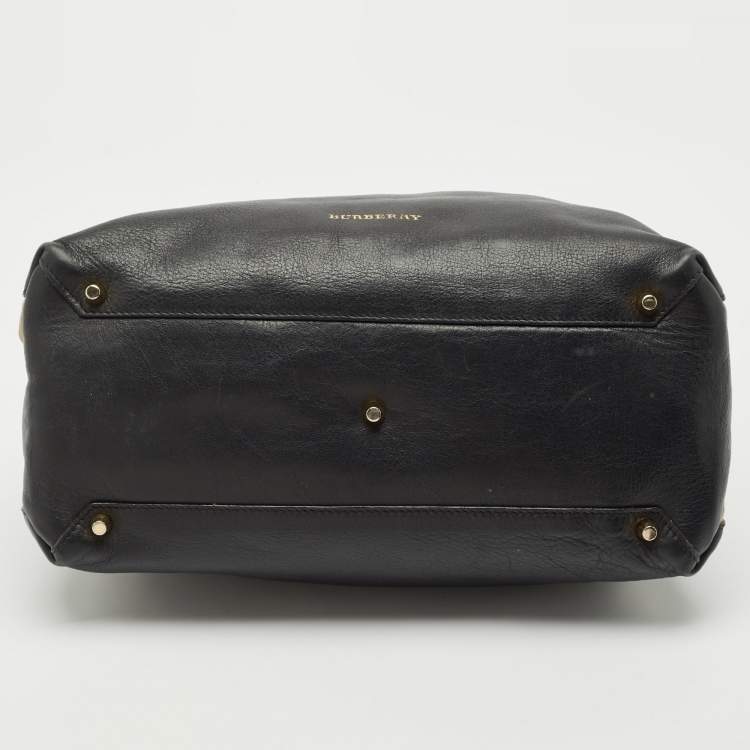 Pre Owned Burberry Black Leather and House Check Fabric Medium Banner Tote