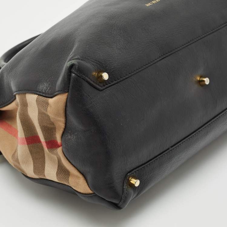 Pre Owned Burberry Black Leather and House Check Fabric Medium Banner Tote