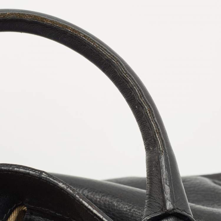 Pre Owned Burberry Black Leather and House Check Fabric Medium Banner Tote