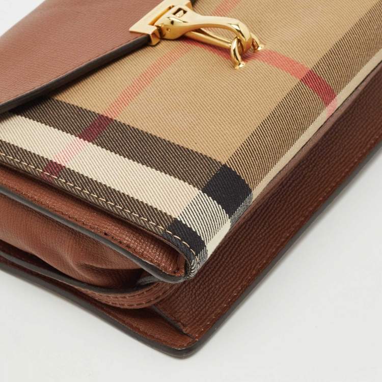 Pre Owned Burberry Brown House Check Canvas and Leather Small Macken Crossbody Bag
