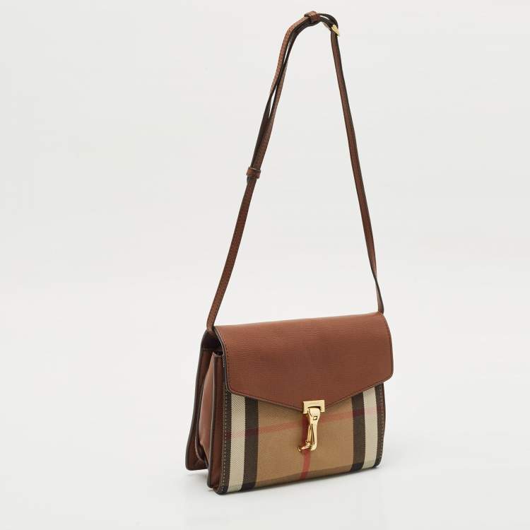 Pre Owned Burberry Brown House Check Canvas and Leather Small Macken Crossbody Bag