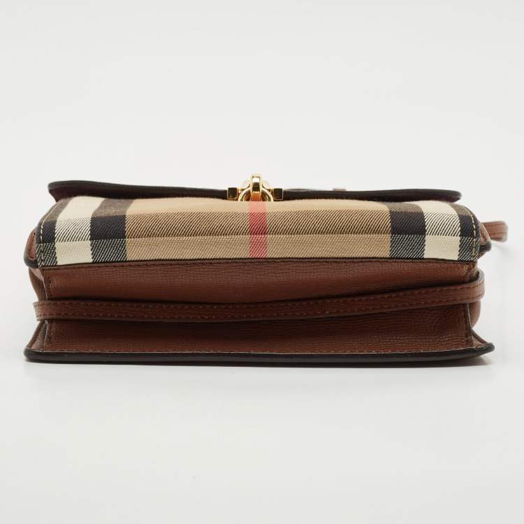 Pre Owned Burberry Brown House Check Canvas and Leather Small Macken Crossbody Bag