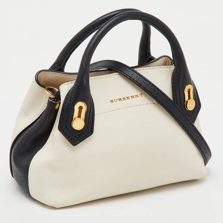 Pre Owned Burberry OffWhite/Black Leather Milton Satchel