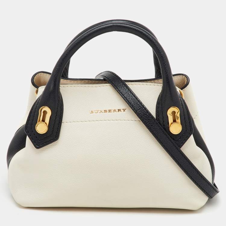 Pre Owned Burberry OffWhite/Black Leather Milton Satchel