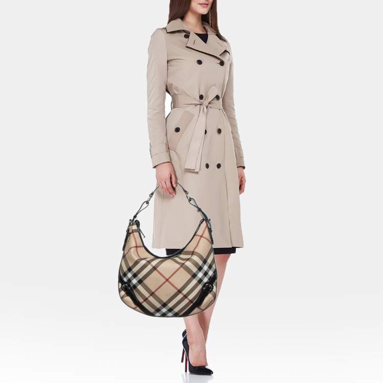 Pre Owned Burberry Beige/Black Supernova Check PVC and Patent Leather Larkin Hobo