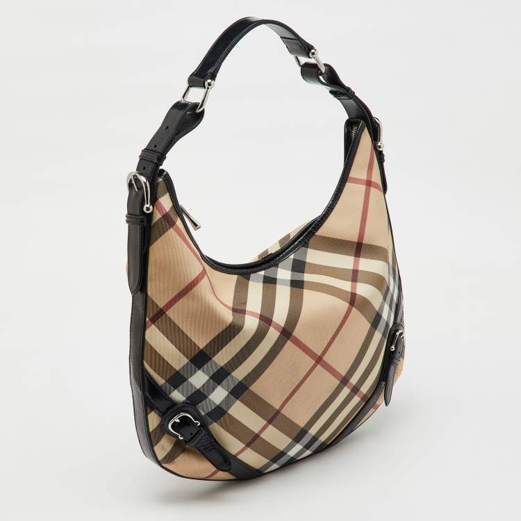 Pre Owned Burberry Beige/Black Supernova Check PVC and Patent Leather Larkin Hobo