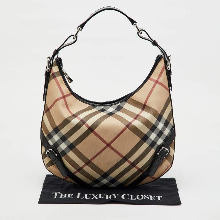 Pre Owned Burberry Beige/Black Supernova Check PVC and Patent Leather Larkin Hobo