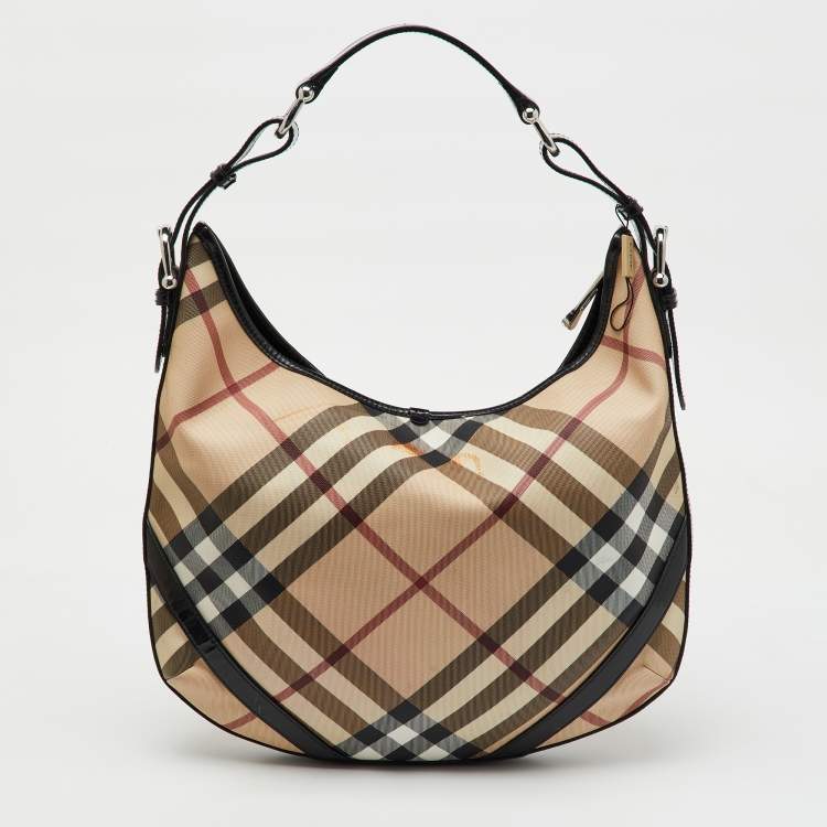 Pre Owned Burberry Beige/Black Supernova Check PVC and Patent Leather Larkin Hobo