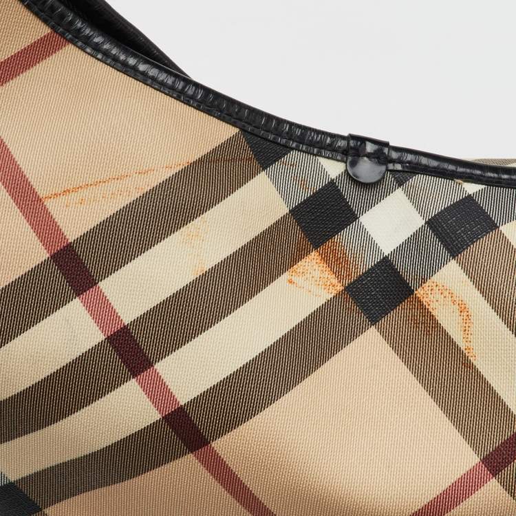 Pre Owned Burberry Beige/Black Supernova Check PVC and Patent Leather Larkin Hobo