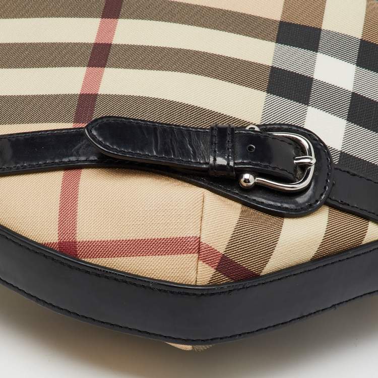 Pre Owned Burberry Beige/Black Supernova Check PVC and Patent Leather Larkin Hobo