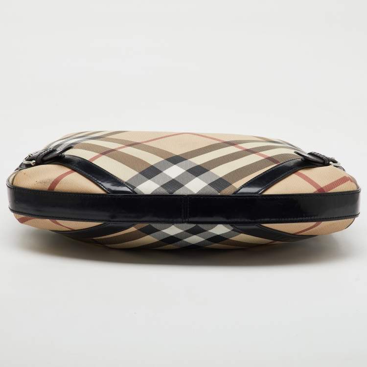 Pre Owned Burberry Beige/Black Supernova Check PVC and Patent Leather Larkin Hobo