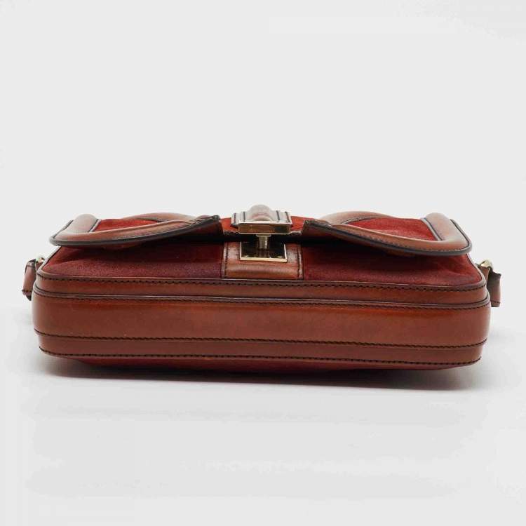 Pre Owned Burberry Brown Suede and Leather Brickfield Flap Crossbody Bag