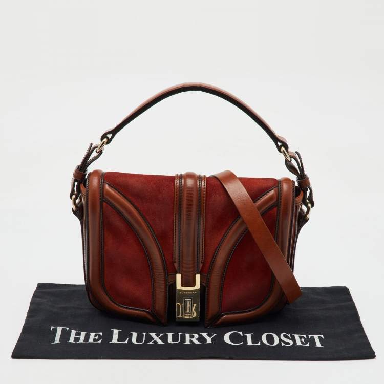 Pre Owned Burberry Brown Suede and Leather Brickfield Flap Crossbody Bag