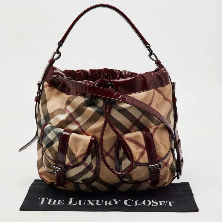 Pre Owned Burberry Beige/Burgundy Nova Check PVC and Patent Leather Drawstring Hobo