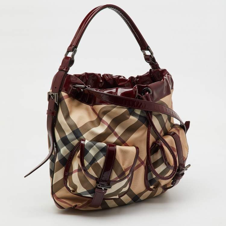 Pre Owned Burberry Beige/Burgundy Nova Check PVC and Patent Leather Drawstring Hobo